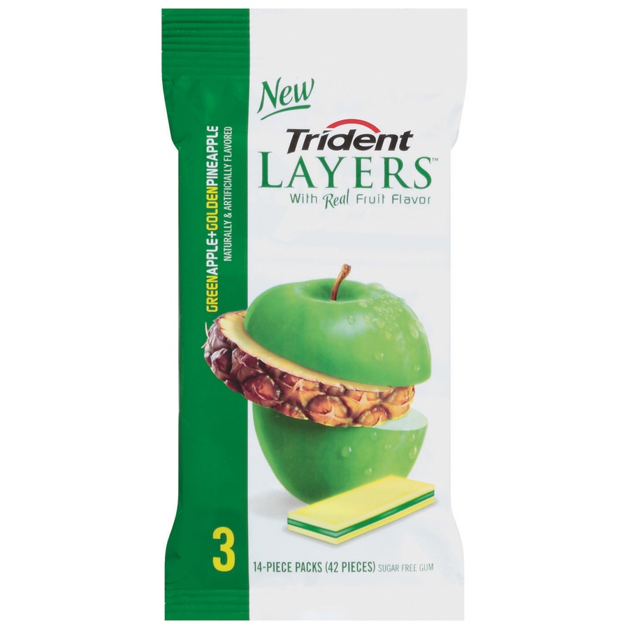 slide 1 of 6, Trident Layers Green Apple+Golden Pineapple Sugarless Gum, 3 pk; 14 pieces