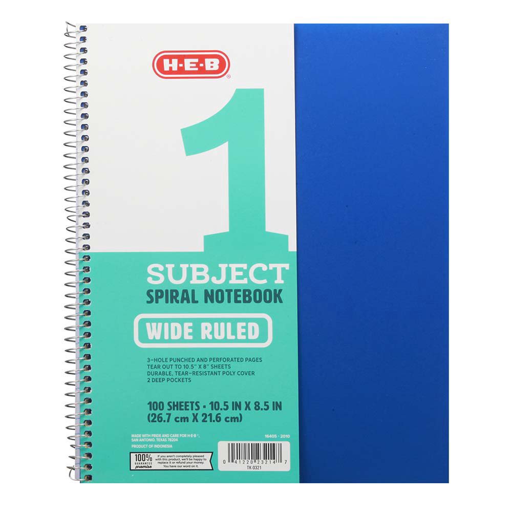 slide 1 of 1, H-E-B 1 Subject Blue Poly Wide-Ruled Notebook, 100 ct