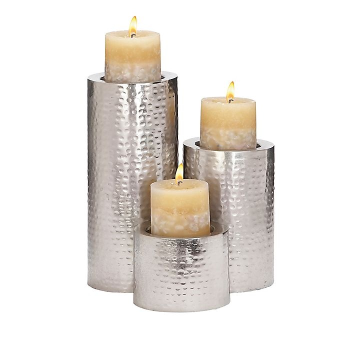 slide 1 of 7, Ridge Road Decor Hammered Iron Candle Holder Set - Silver, 3 ct