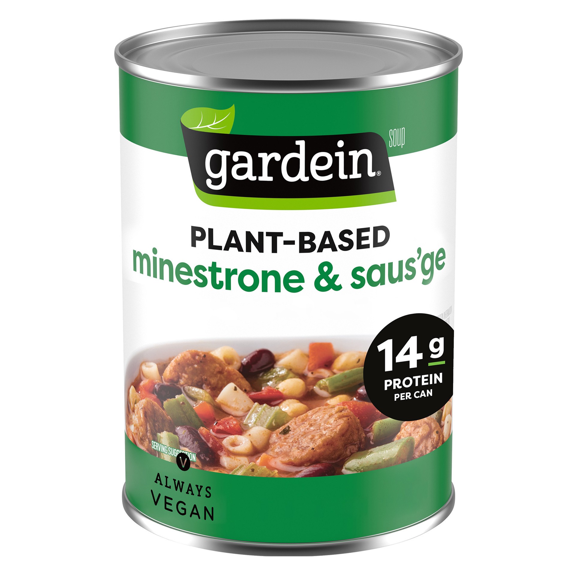 slide 1 of 9, Gardein Plant-Based Saus'ge & Minestrone Soup, Vegan, 15 oz