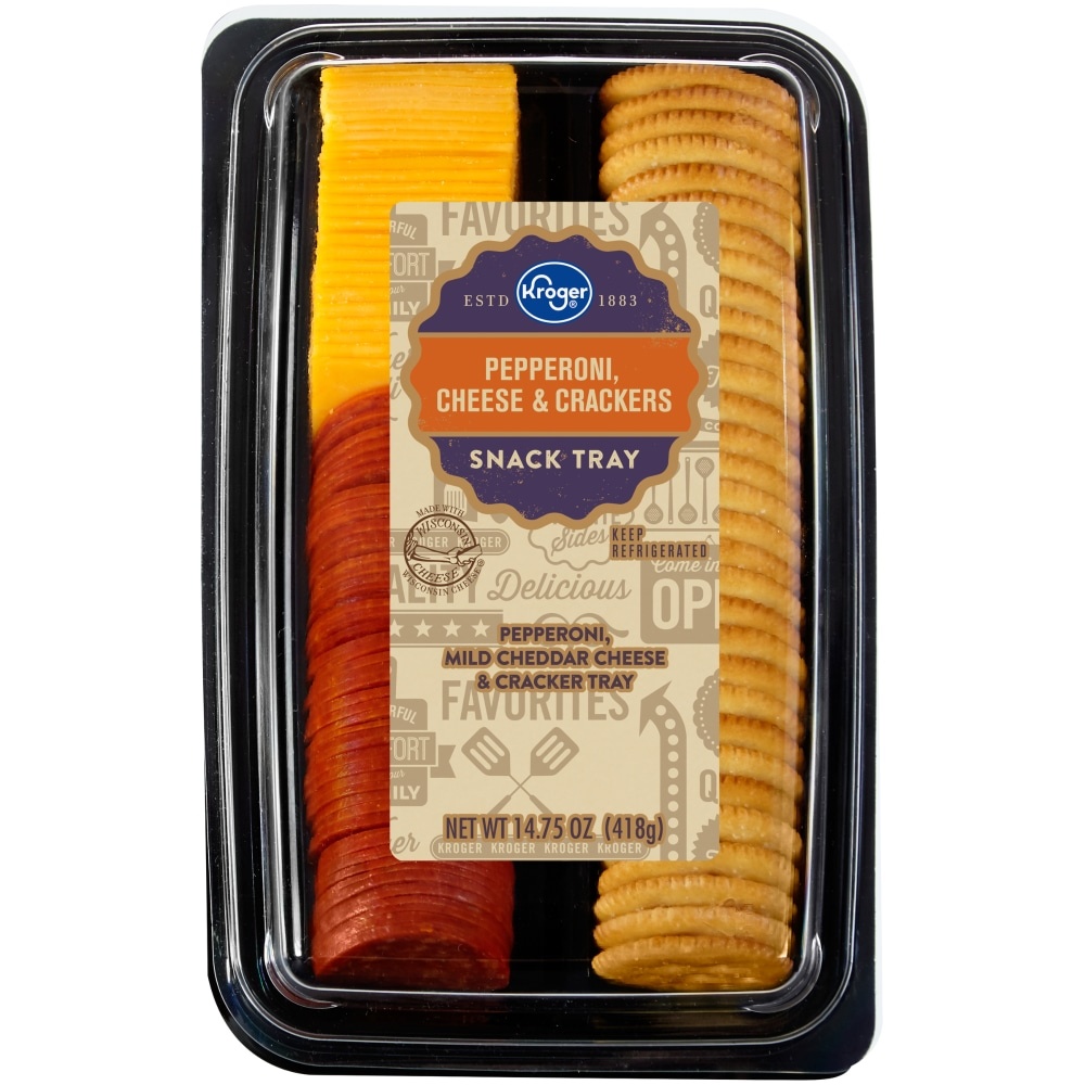 slide 1 of 1, Kroger Pepperoni Mildd Cheddar Cheese & Crackers Snack Tray, 14.75 oz