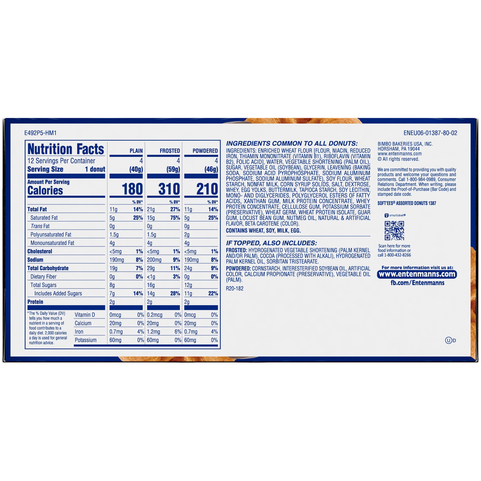 slide 2 of 5, Entenmann's Soft'ees Plain, Powdered Sugar, Chocolate Frosted Donuts, 12 count, Assorted Donuts, 20.5 oz Box, 12 ct