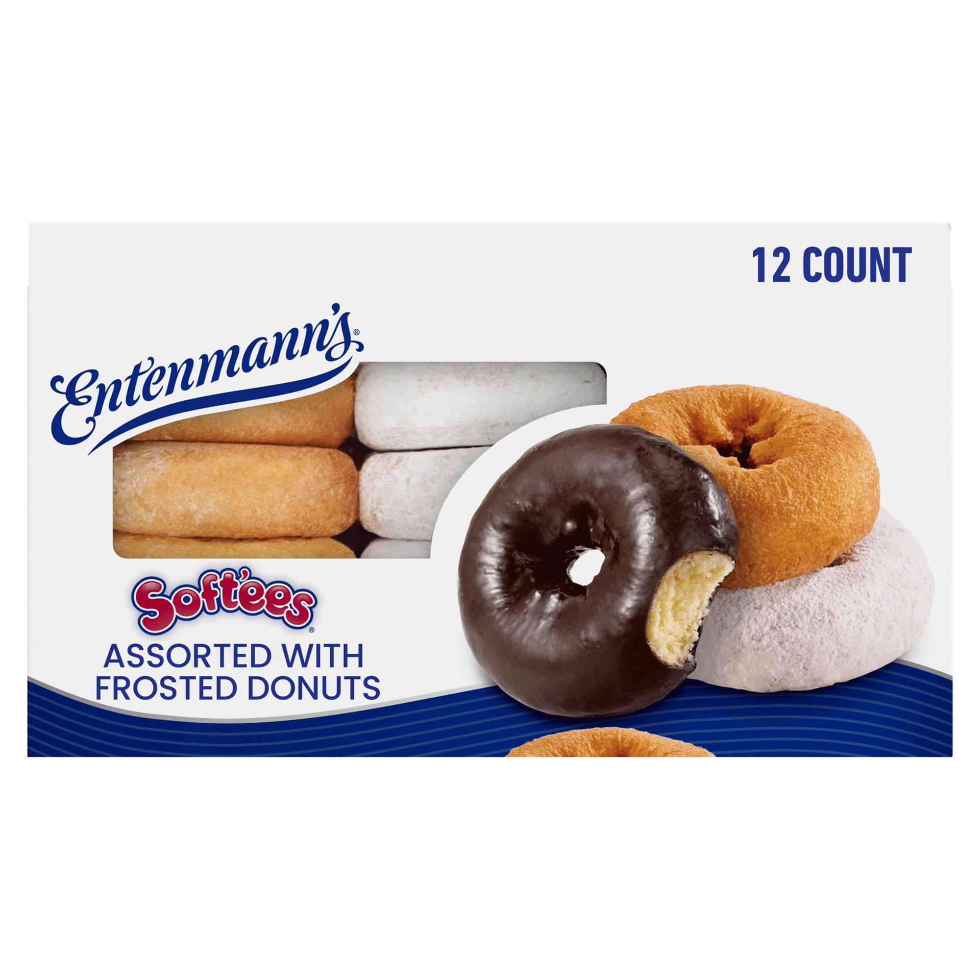 slide 1 of 5, Entenmann's Soft'ees Plain, Powdered Sugar, Chocolate Frosted Donuts, 12 count, Assorted Donuts, 20.5 oz Box, 12 ct