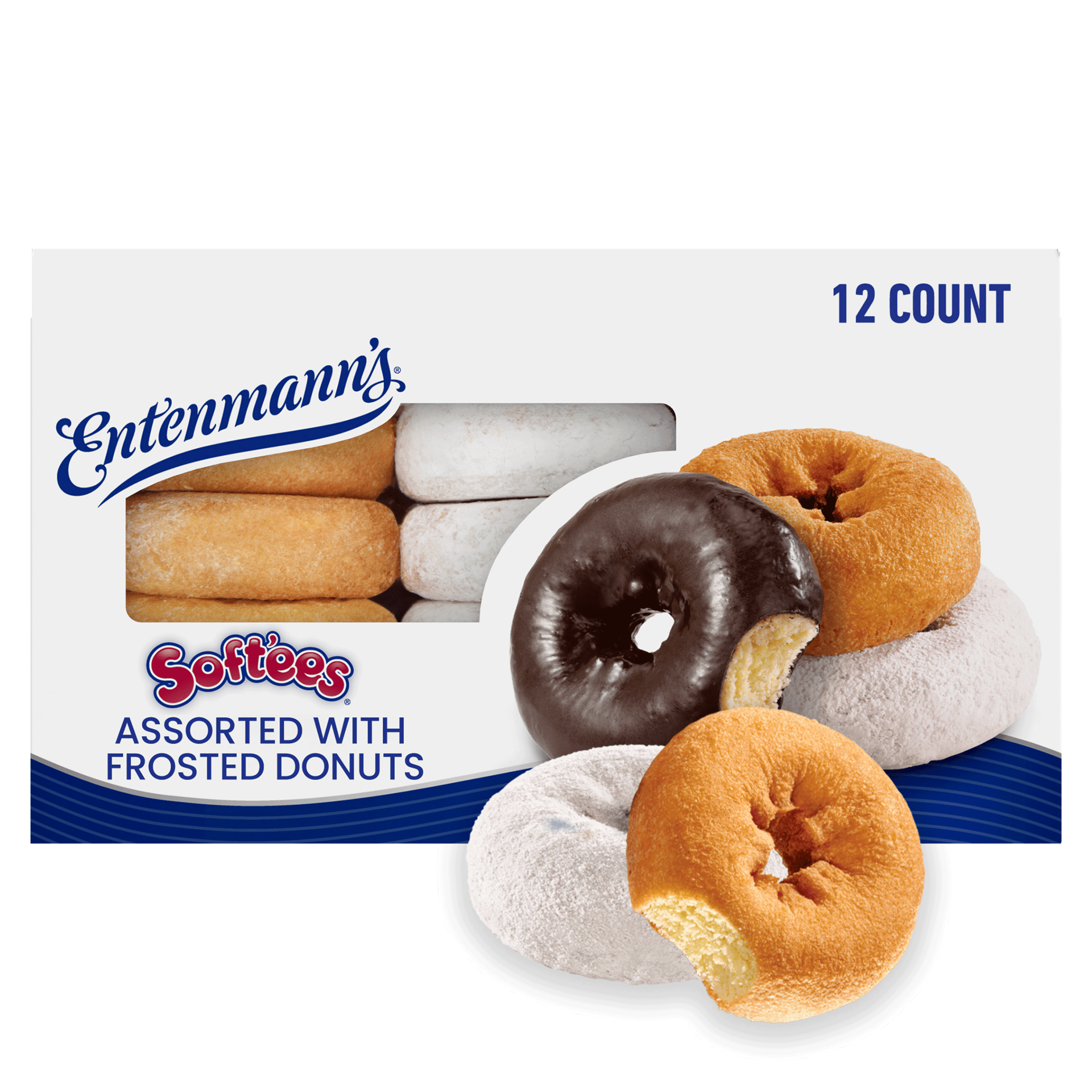 slide 1 of 5, Entenmann's Soft'ees Plain, Powdered Sugar, Chocolate Frosted Donuts, 12 count, Soft Assorted Donuts, 20.5 oz Box, 12 ct