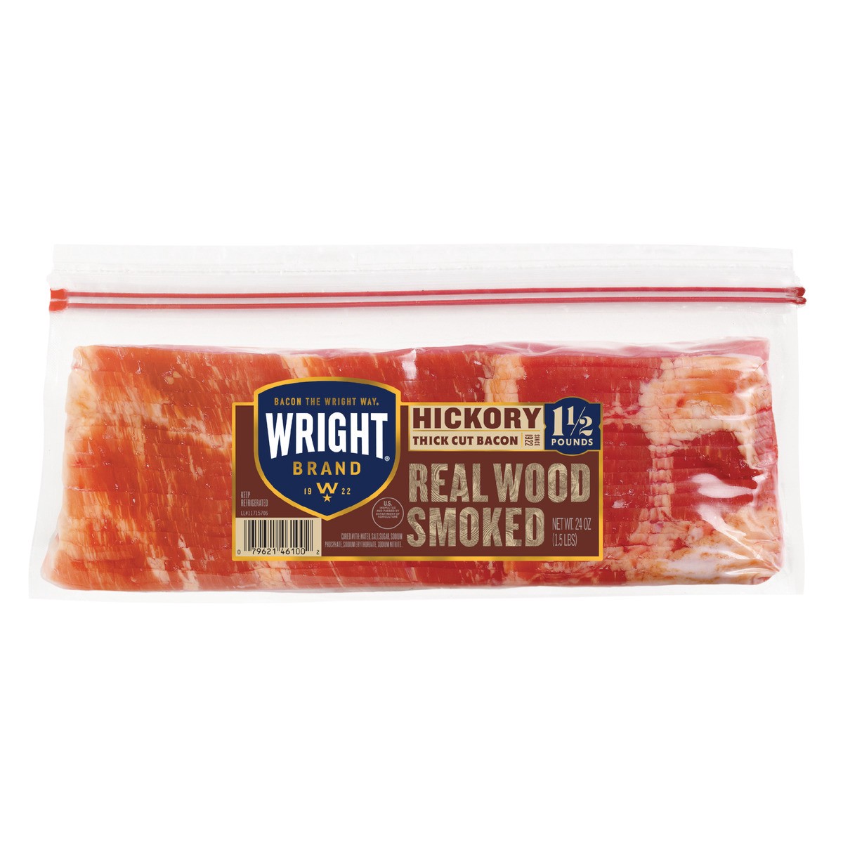 slide 5 of 6, Wright Brand Hickory Real Wood Smoked Thick Cut Bacon, 24 oz Stack Pack, 680.39 g