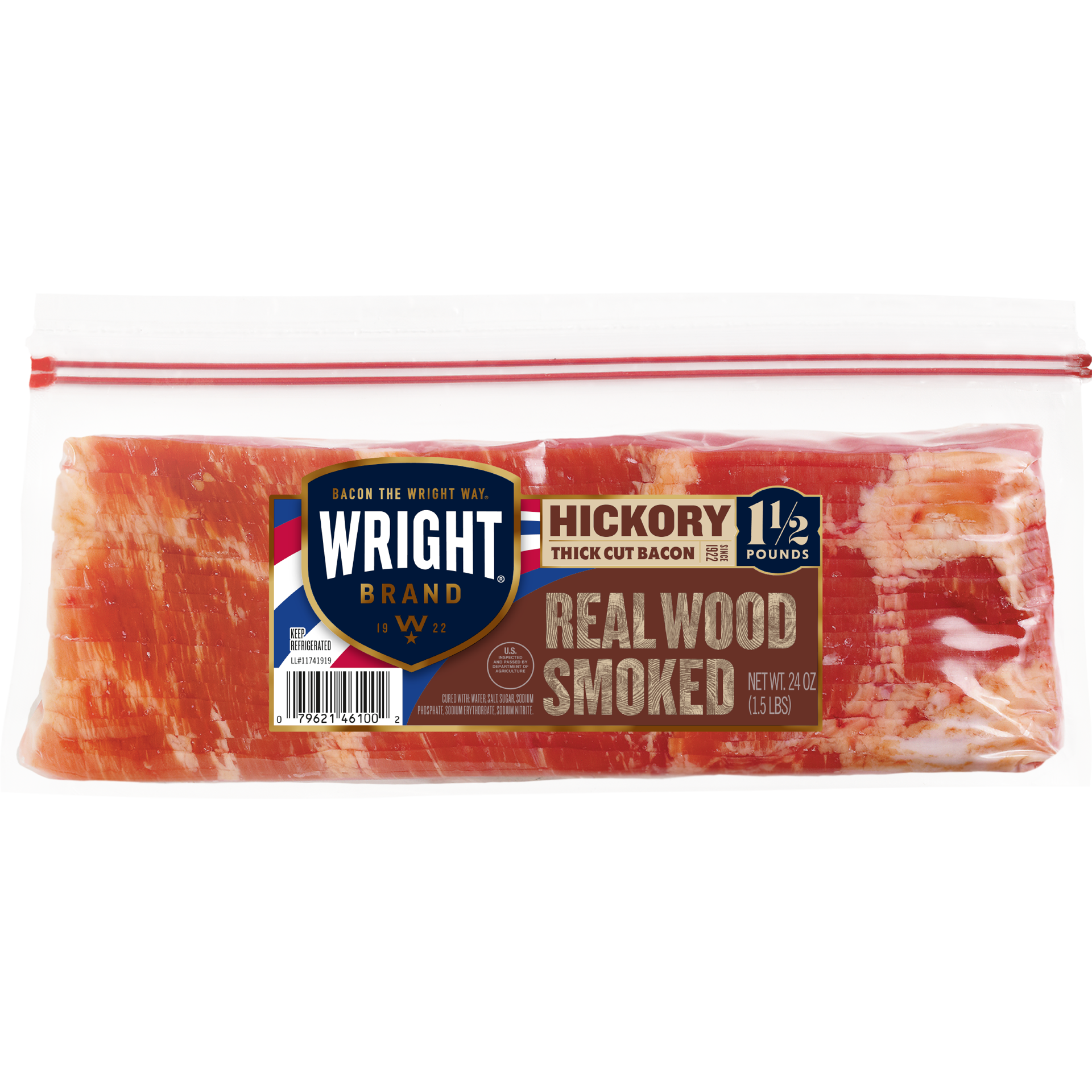 slide 1 of 6, Wright Brand Thick Cut Hickory Bacon, 1.5 lb, 680.39 g