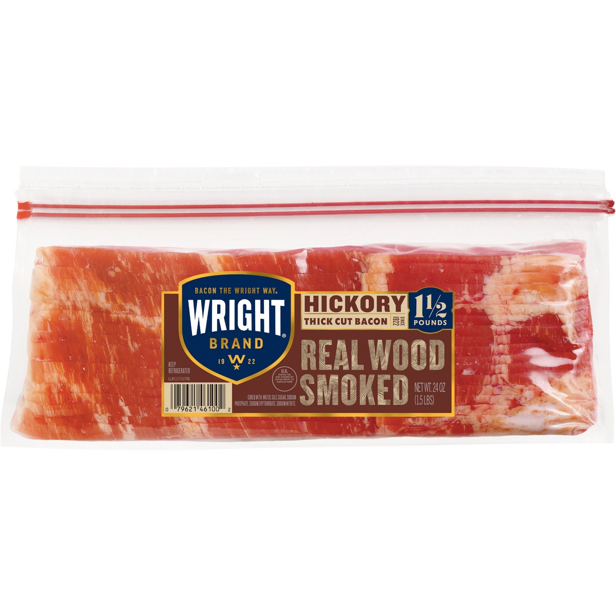 slide 1 of 6, Wright Brand Thick Cut Hickory Bacon, 1.5 lb, 24 oz