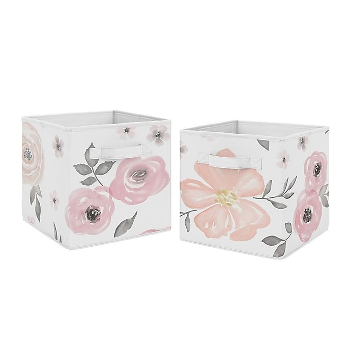 slide 1 of 2, Sweet Jojo Designs Watercolor Floral Fabric Storage Bins - Pink/Grey, 2 ct