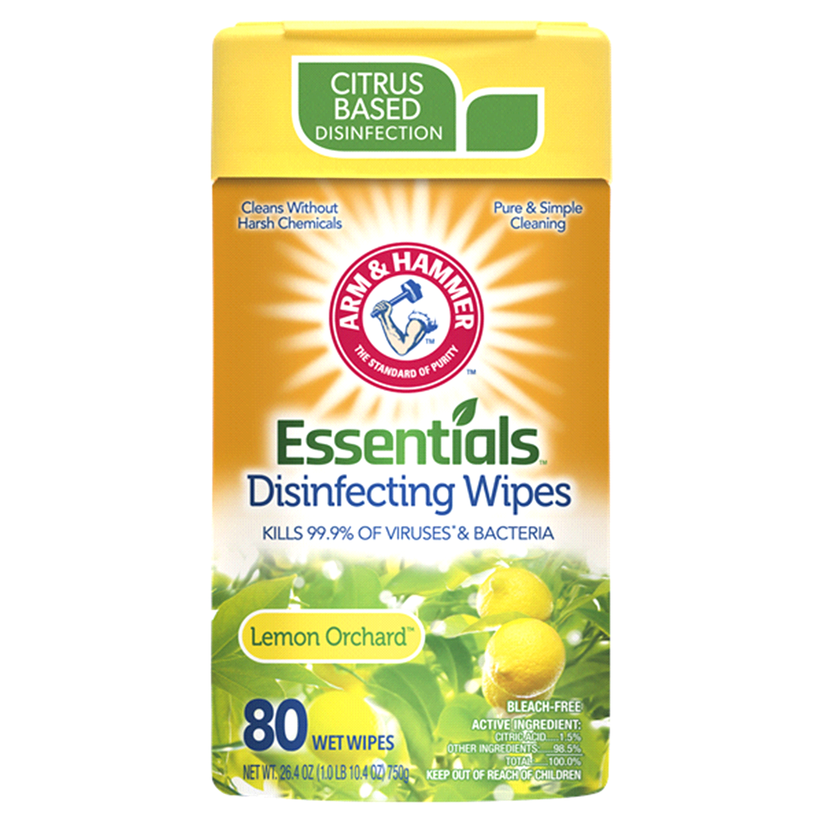 slide 1 of 1, ARM & HAMMER Essentials Lemon Orchard Disinfecting Wipes, 80 ct ; 3.84 oz