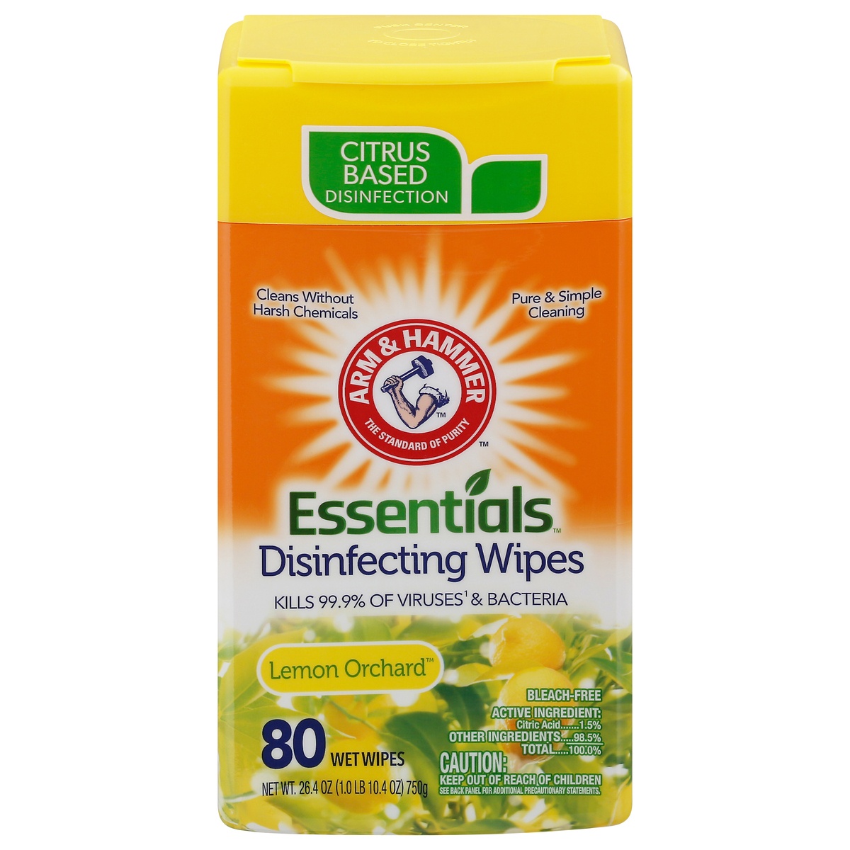 slide 1 of 1, ARM & HAMMER Essentials Lemon Orchard Disinfecting Wipes, 80 ct ; 3.84 oz