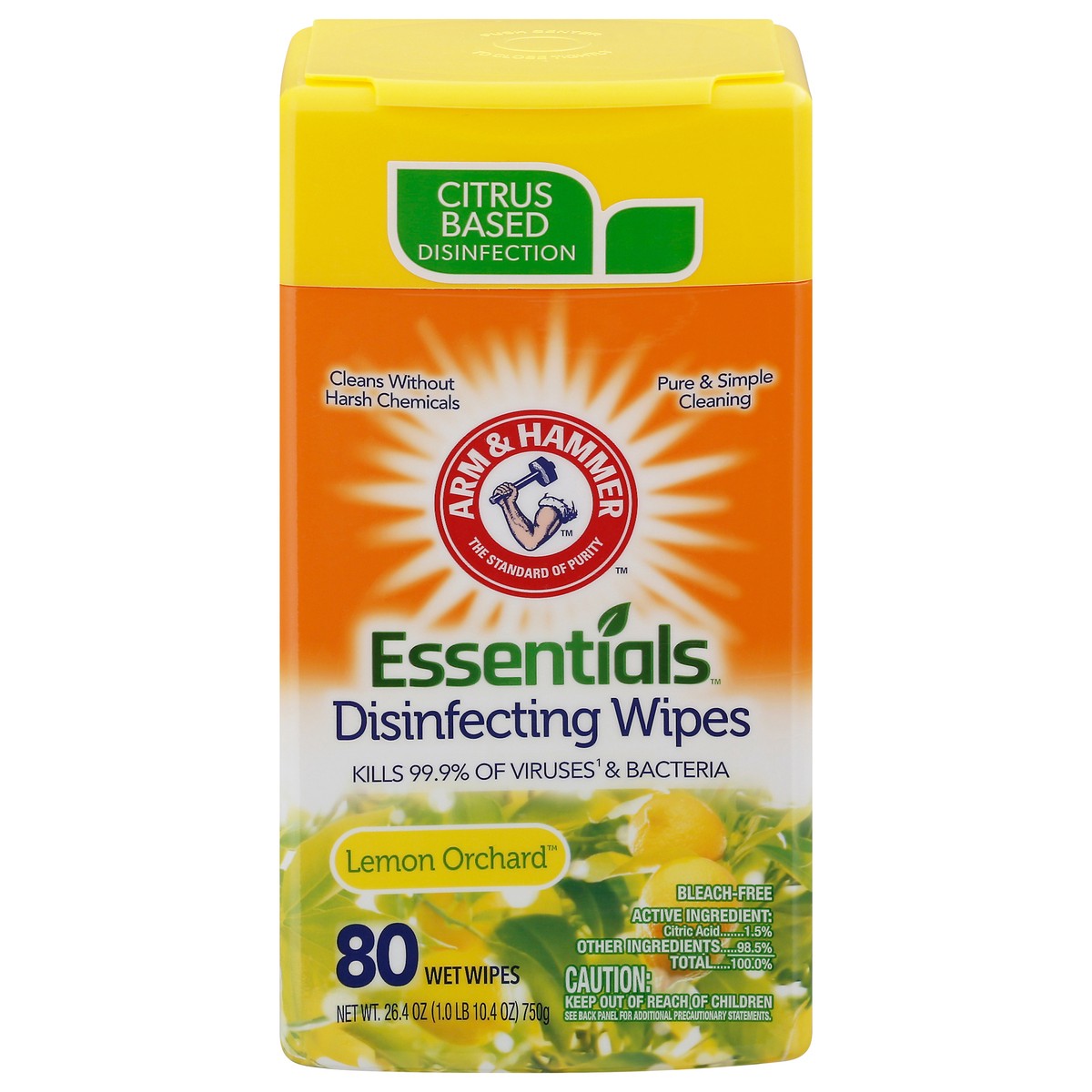 slide 1 of 11, ARM & HAMMER Essentials Lemon Orchard Disinfecting Wipes 80 ea, 80 ct