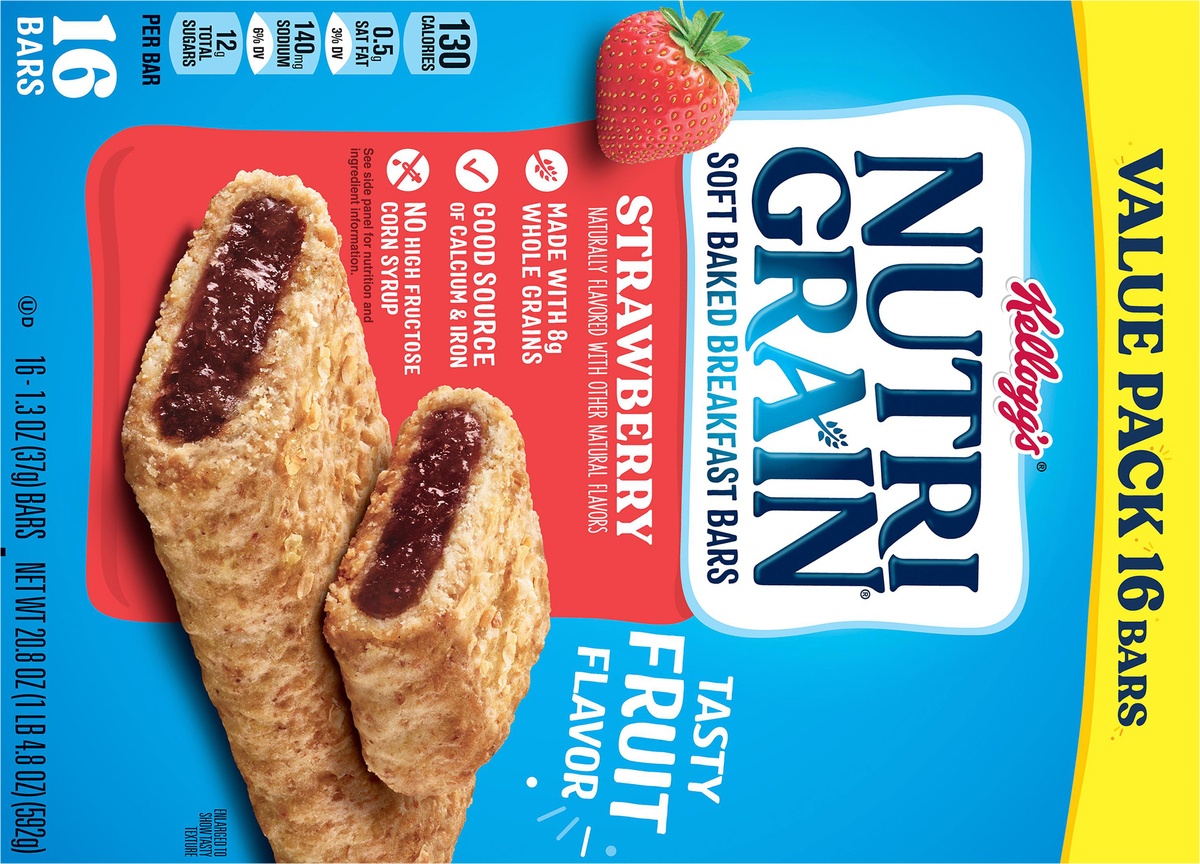 slide 5 of 10, Kellogg's Nutri-Grain Soft Baked Breakfast Bars, Made with Whole Grains, Kids Snacks, Strawberry, 20.8 oz