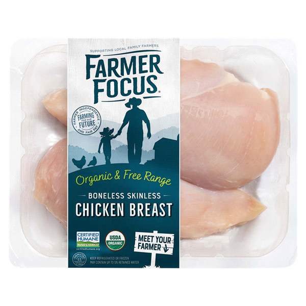 slide 1 of 1, Farmer Focus Organic Skinless Boneless Chicken Breasts, per lb