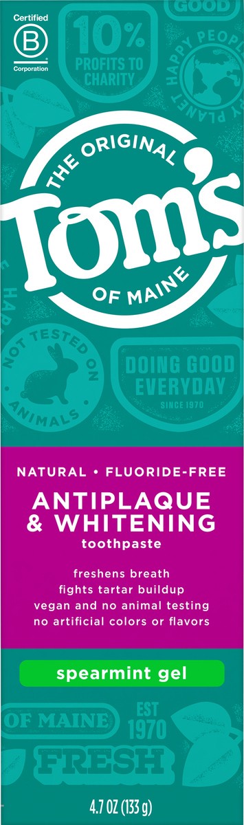 slide 2 of 6, Tom's of Maine Fluoride-Free Antiplaque & Whitening Natural Toothpaste, Spearmint Gel, 4.7 oz., 4.7 oz