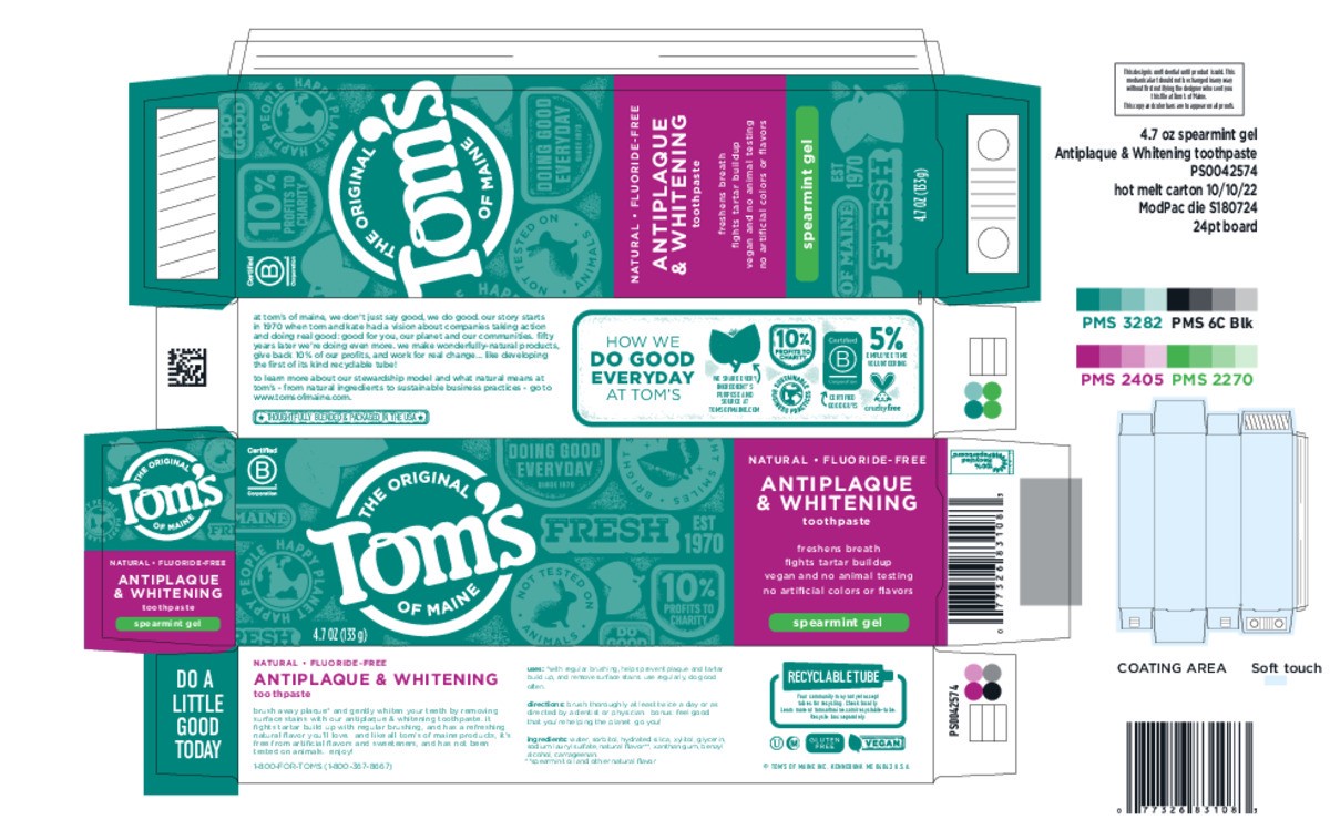 slide 4 of 6, Tom's of Maine Fluoride-Free Antiplaque & Whitening Natural Toothpaste, Spearmint Gel, 4.7 oz., 4.7 oz