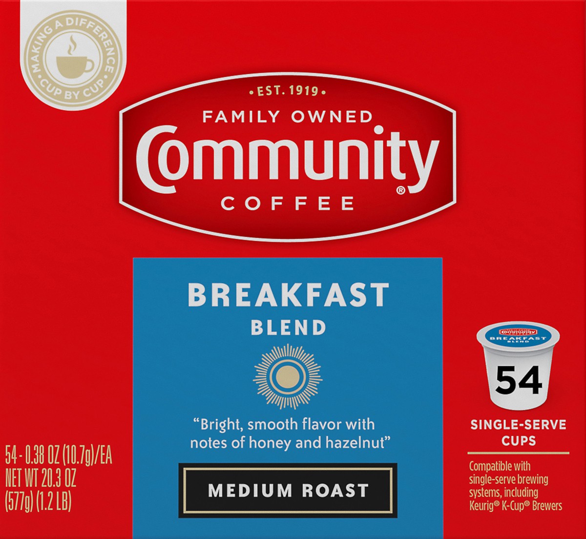 slide 1 of 9, Community Coffee Coffee Breakfast Blend Medium Roast Coffee Single-Serve Cups - 20.3 oz, 54 ct