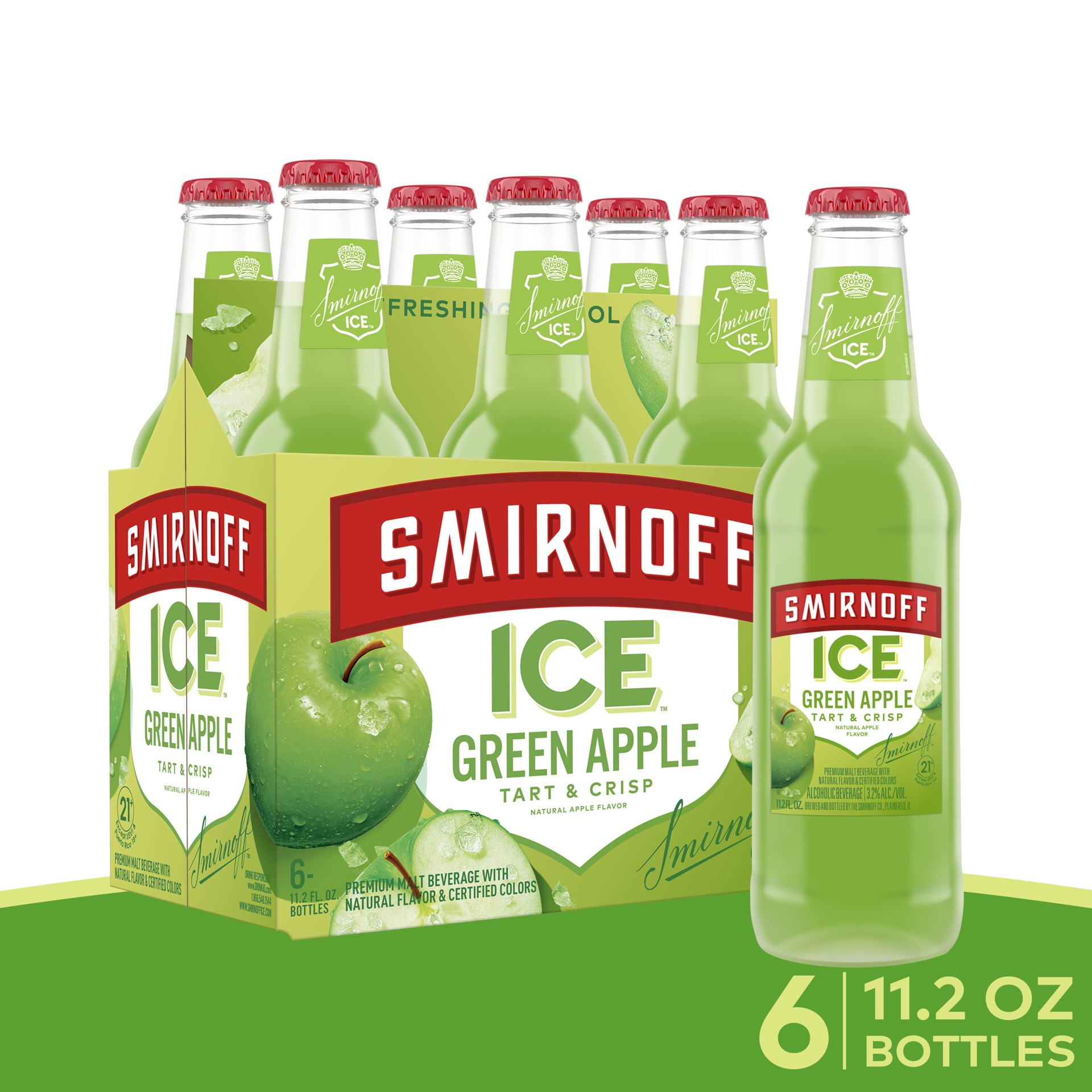 slide 1 of 3, Smirnoff Ice Green Apple, 11.2 fl oz, 6 Pack Bottles, 4.5% ABV, 6 ct; 12 oz