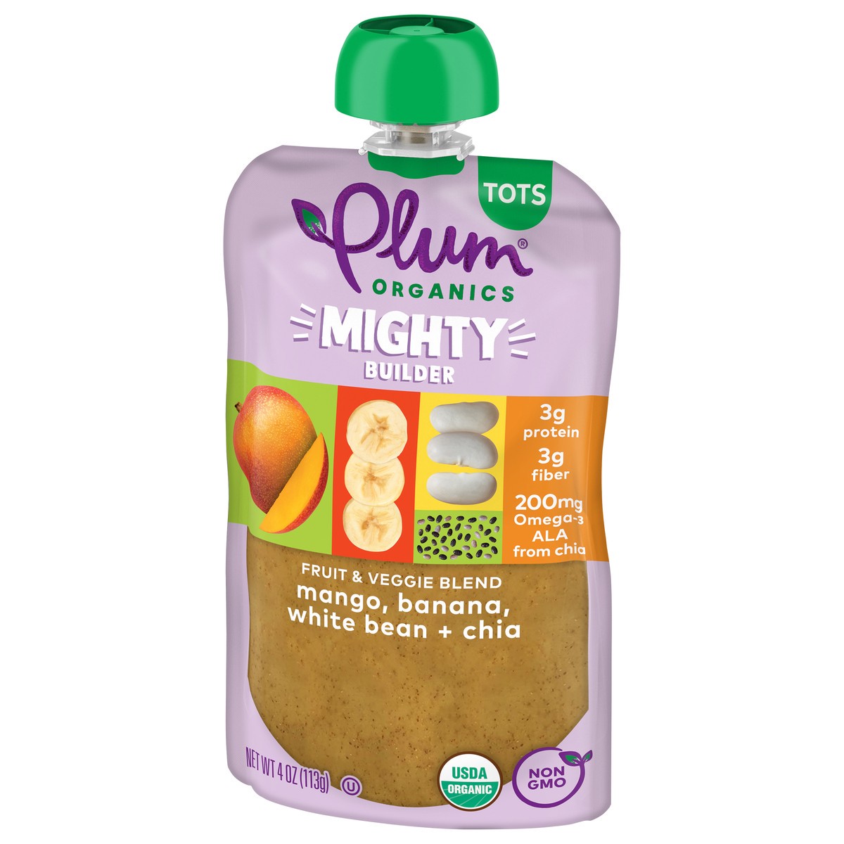 slide 6 of 9, Plum Organics Mighty Builder™ Mango, Banana, White Bean + Chia 4oz Pouch, 4 oz