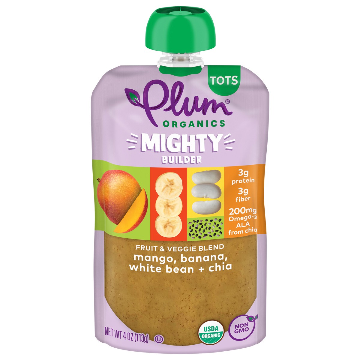 slide 1 of 9, Plum Organics Mighty Builder™ Mango, Banana, White Bean + Chia 4oz Pouch, 4 oz