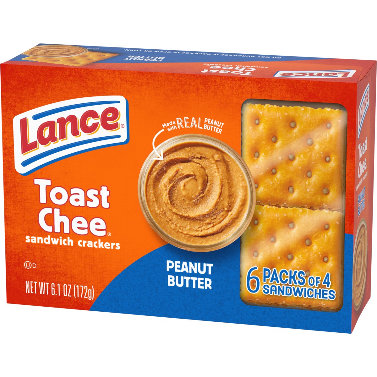 slide 9 of 11, Lance Sandwich Crackers, ToastChee Peanut Butter, 6 Individually Wrapped Packs, 4 Sandwiches Each, 6.1 oz