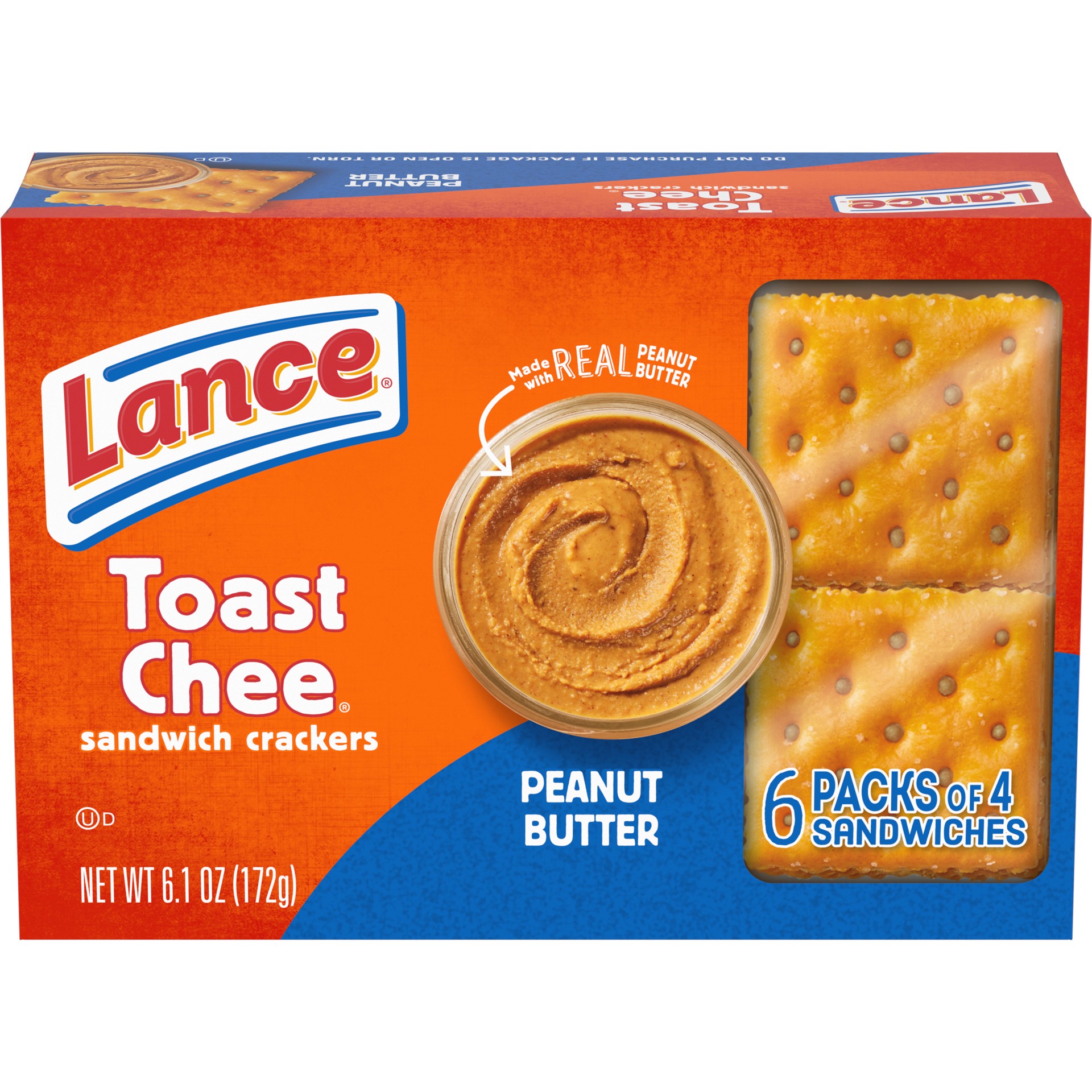 slide 1 of 11, Lance Sandwich Crackers, ToastChee Peanut Butter, 6 Individually Wrapped Packs, 4 Sandwiches Each, 6.1 oz