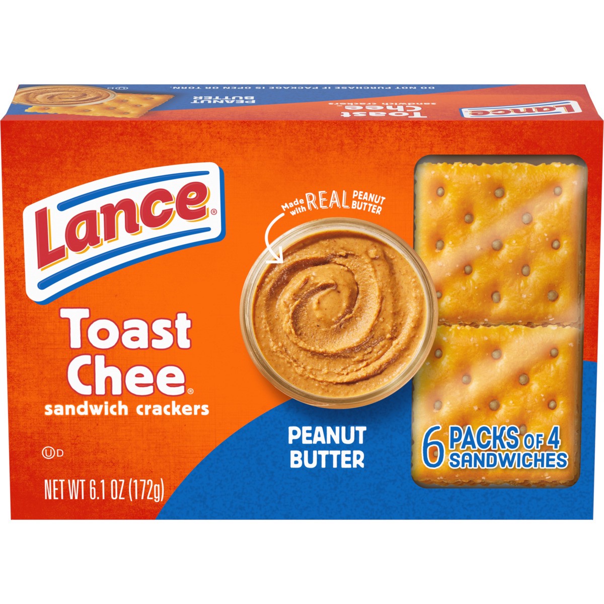 slide 11 of 11, Lance Sandwich Crackers, ToastChee Peanut Butter, 6 Individually Wrapped Packs, 4 Sandwiches Each, 6.1 oz