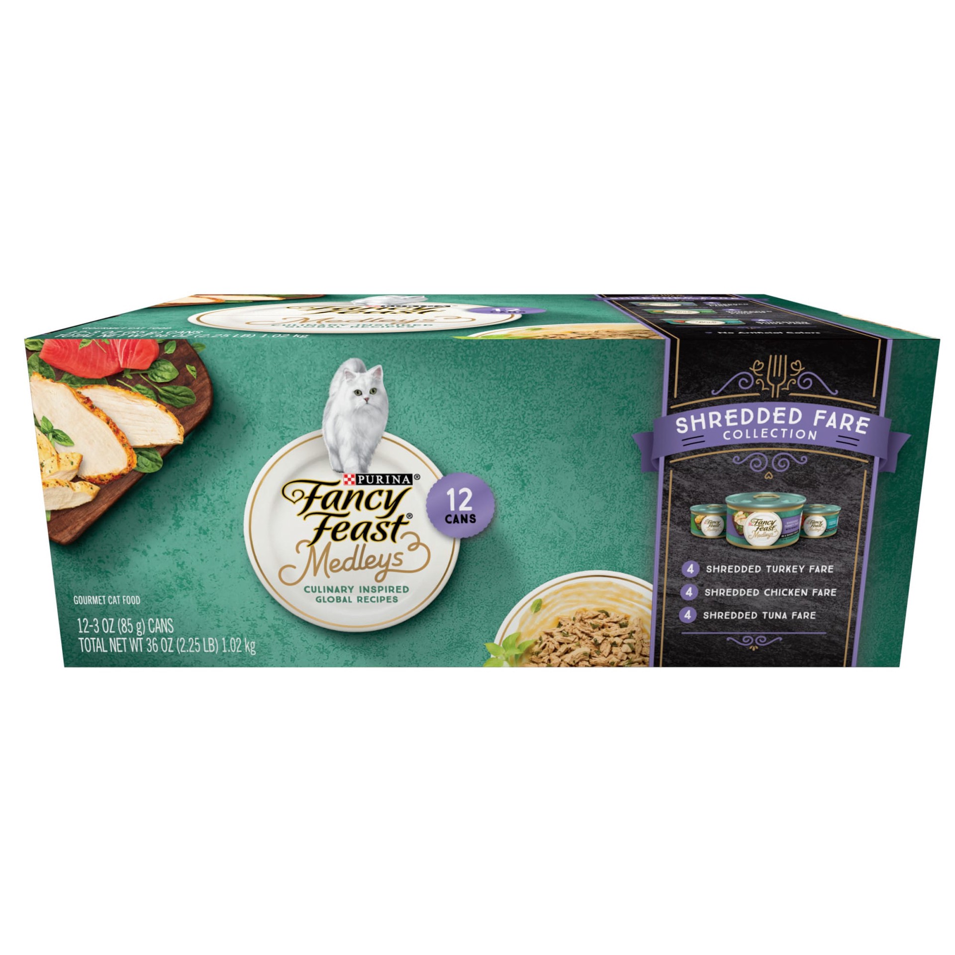 slide 1 of 7, Fancy Feast Purina Fancy Feast Wet Cat Food Variety Pack, Medleys Shredded Fare Collection, 2.25 lb