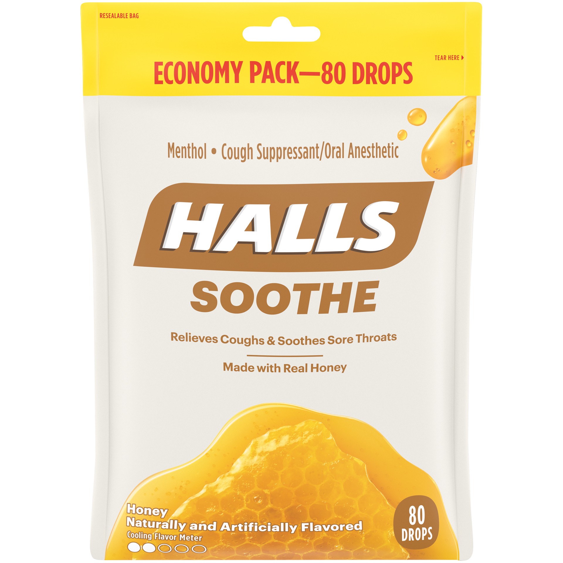 slide 5 of 5, HALLS Soothe Honey Cough Drops, Economy Pack, 80 drops, 0.55 lb