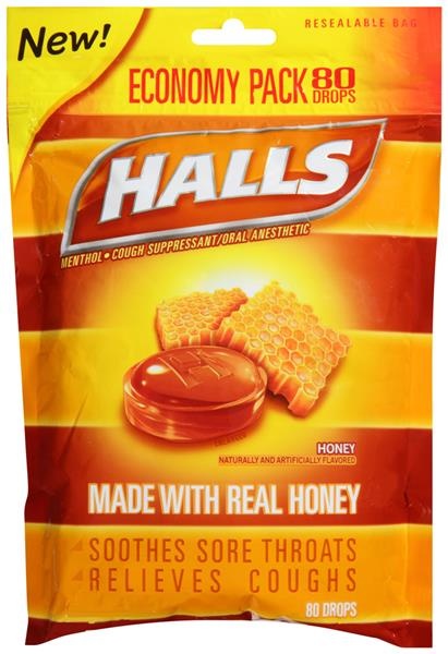 slide 1 of 1, Halls Honey Cough Suppressant/Oral Anesthetic Menthol Drops, 80 ct