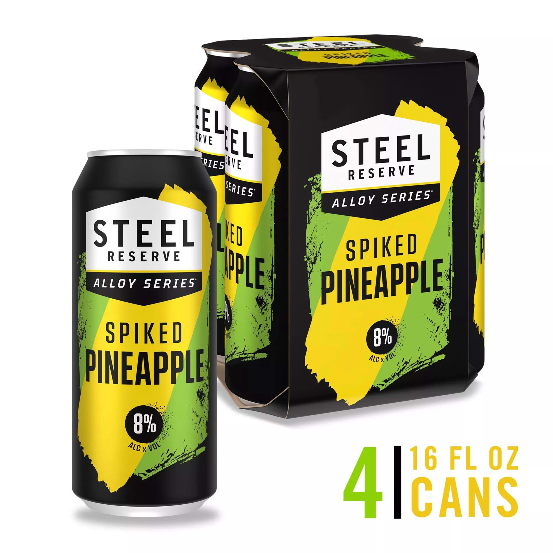 slide 1 of 5, Steel Reserve Spiked Pineapple Steel Reserve Alloy Series Spiked Pineapple Malt Beverage 8.0% ABV, 4 Pack, 16.0 fl oz Cans, 4 ct; 12 oz