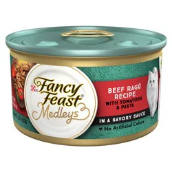 Purina Fancy Feast Medleys in Gravy Beef Ragu Recipe with Tomatoes and Pasta in a Savory Sauce