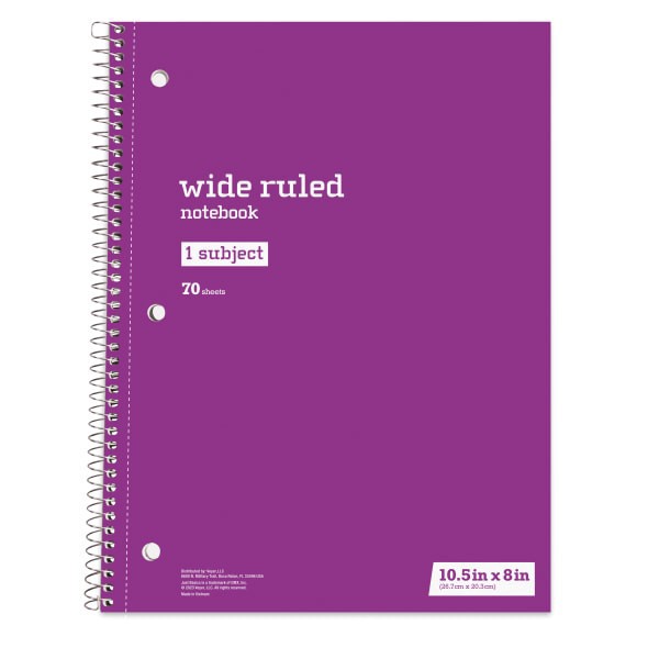 slide 8 of 9, Just Basics® Spiral Notebook, 8"" x 10-1/2"", Wide Ruled, 70 Sheets, Assorted Colors, Pack Of 6 Notebooks, 6 ct