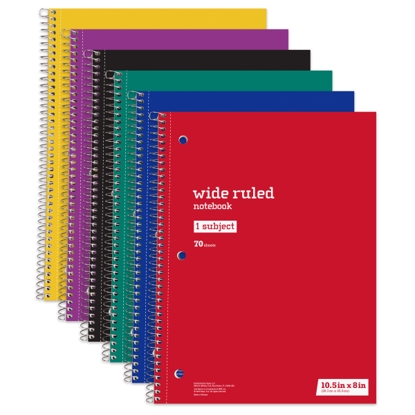 slide 1 of 9, Just Basics® Spiral Notebook, 8"" x 10-1/2"", Wide Ruled, 70 Sheets, Assorted Colors, Pack Of 6 Notebooks, 6 ct