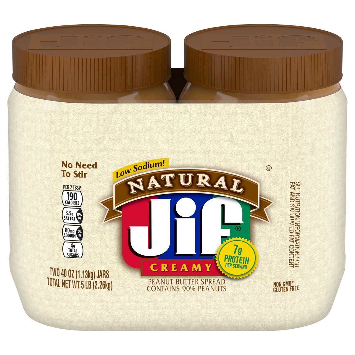 slide 1 of 9, Jif Natural Creamy Peanut Butter Spread Twin Pack, 80-Ounce, 2 ct