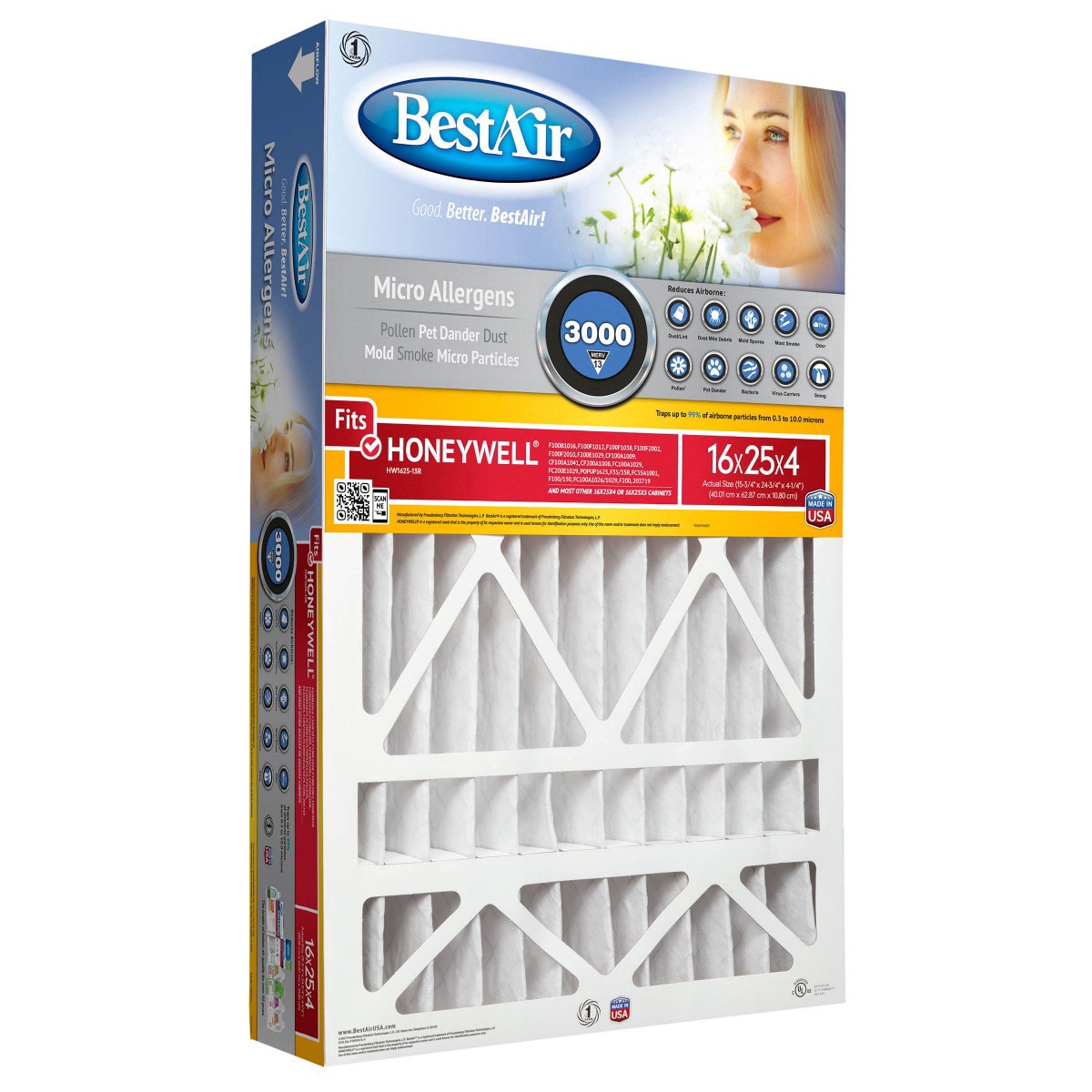 slide 1 of 1, BestAir Honeywell Replacement Pleated Air Filter 16 x 25 x 4 MERV 13, 1 ct