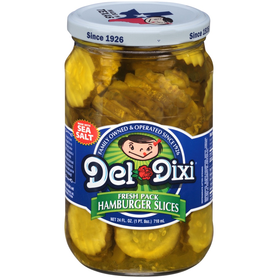 slide 1 of 6, Del-Dixi Hamburger Slices Pickles, 24 oz