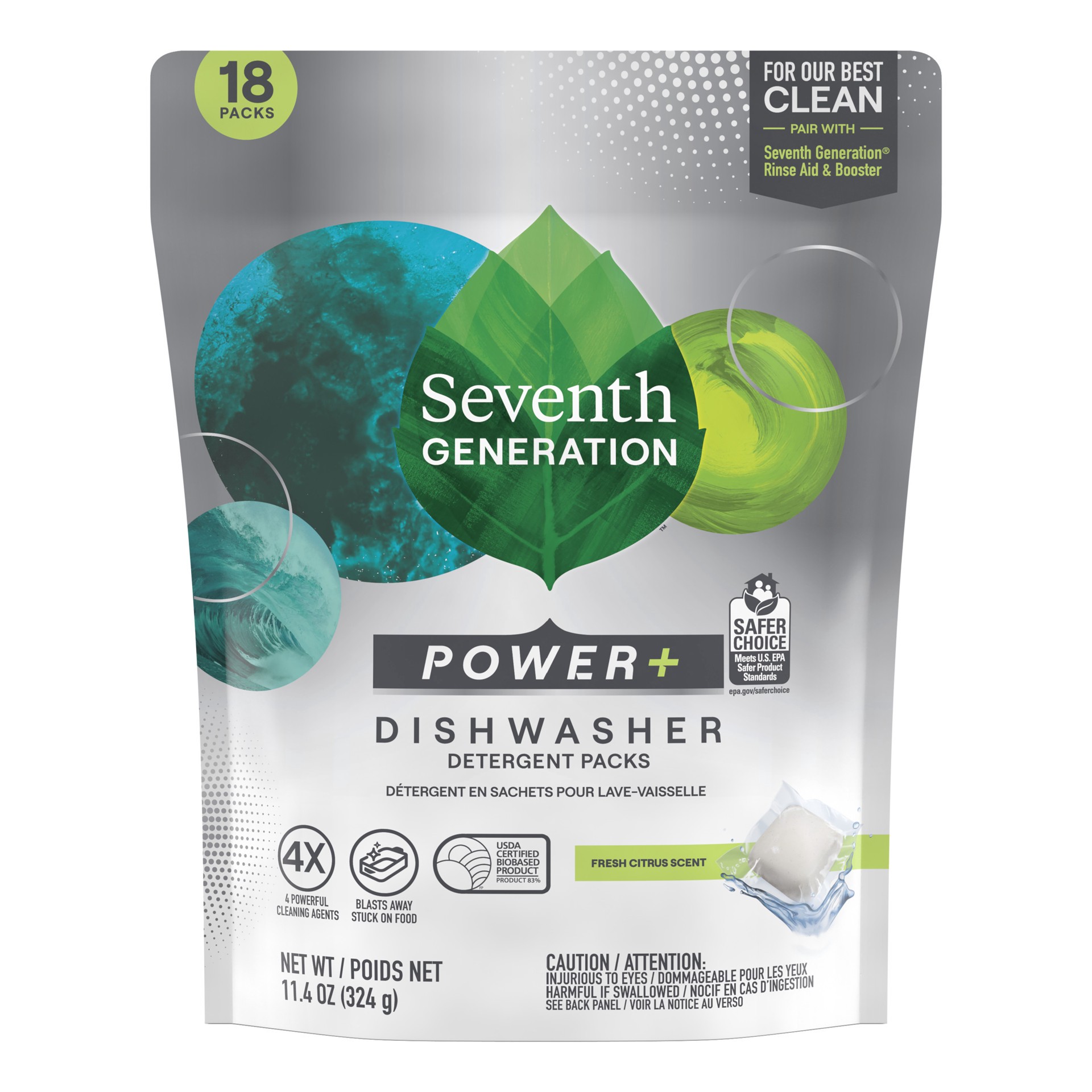 slide 1 of 3, Seventh Generation Power+ Dishwasher Detergent Packs Fresh Citrus scent, 18 count, 18 ct