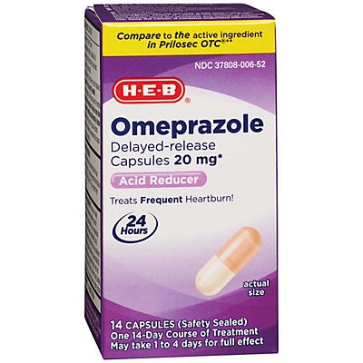 slide 1 of 1, H-E-B Omeprazole Delayed Release Acid Reducer Capsules, 14 ct