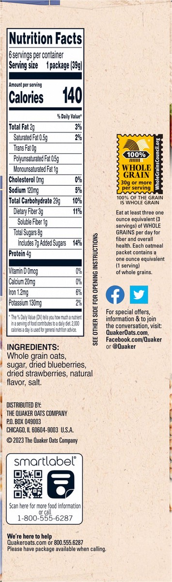 slide 5 of 11, Quaker Instant Oatmeal Blueberry Strawberry 1.37 Oz 6 Count, 8.2 oz