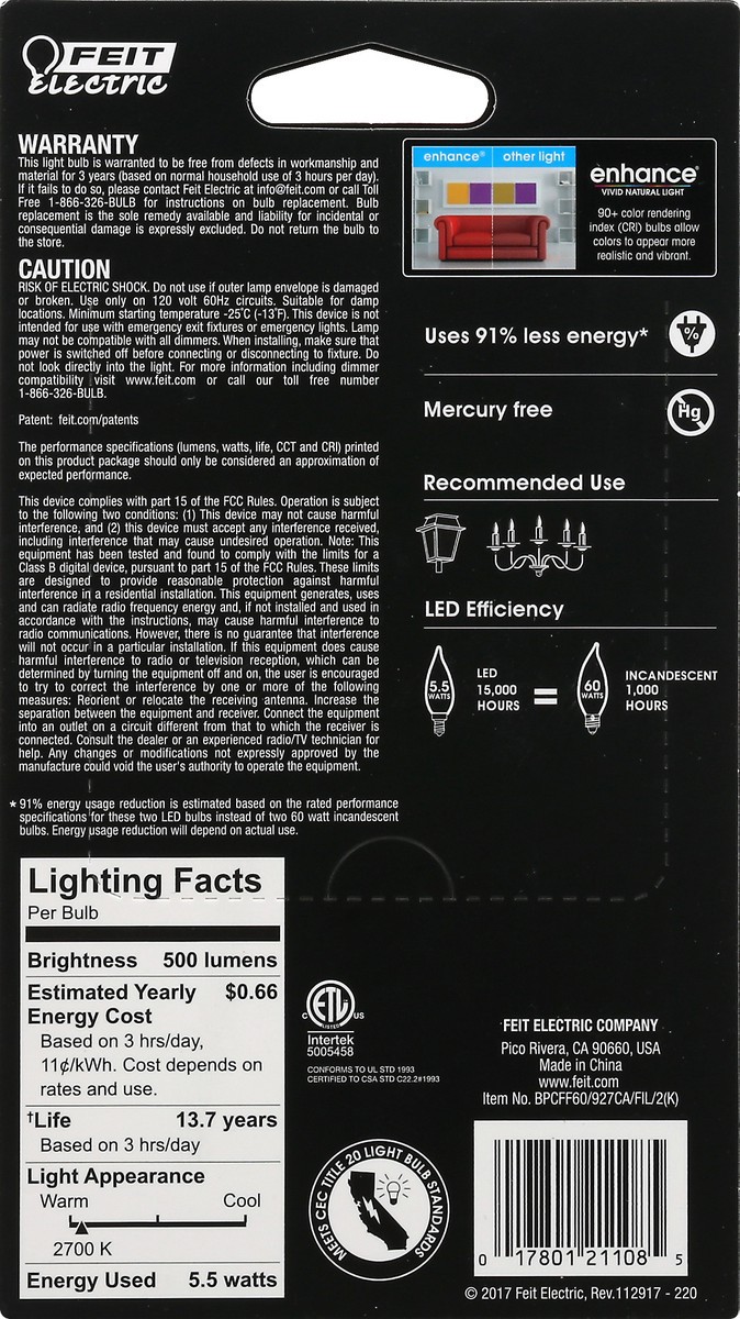 slide 8 of 8, Feit Electric Enhance 60 Watt Flame Tip Bulb, 2 ct