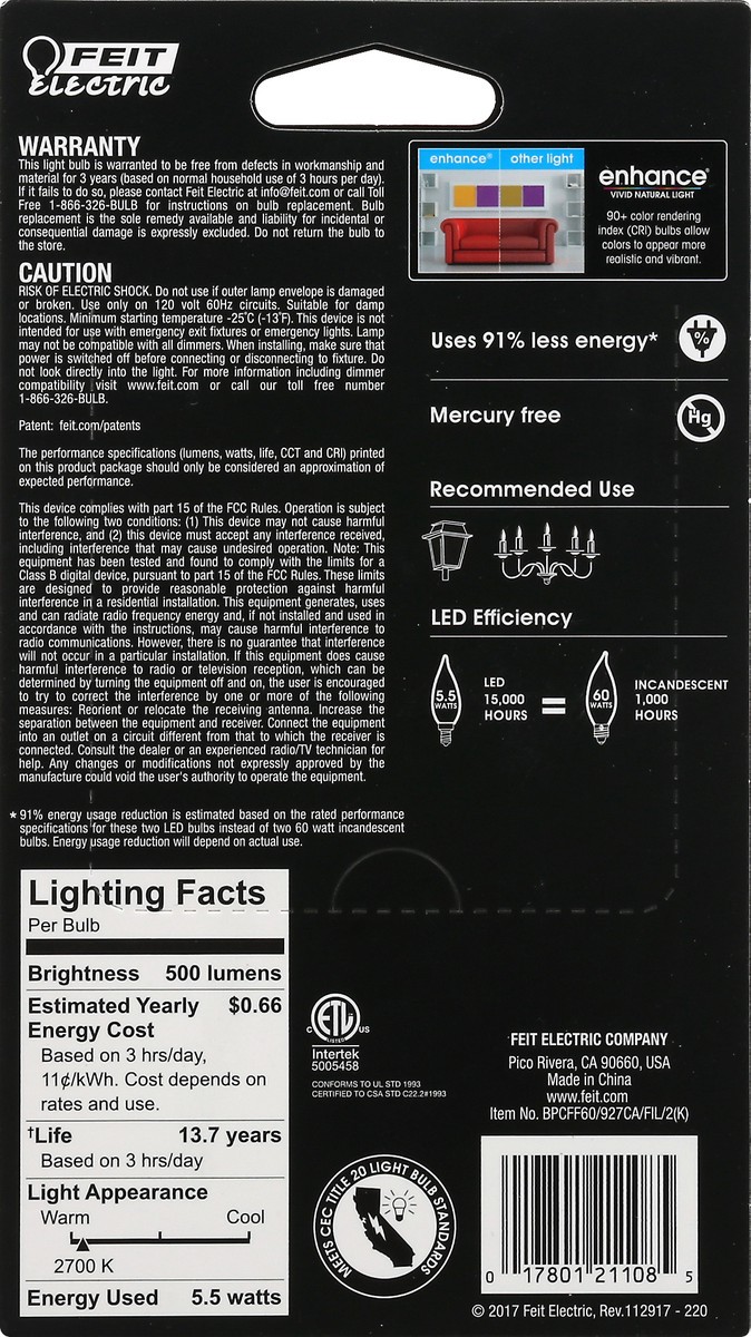 slide 7 of 8, Feit Electric Enhance 60 Watt Flame Tip Bulb, 2 ct