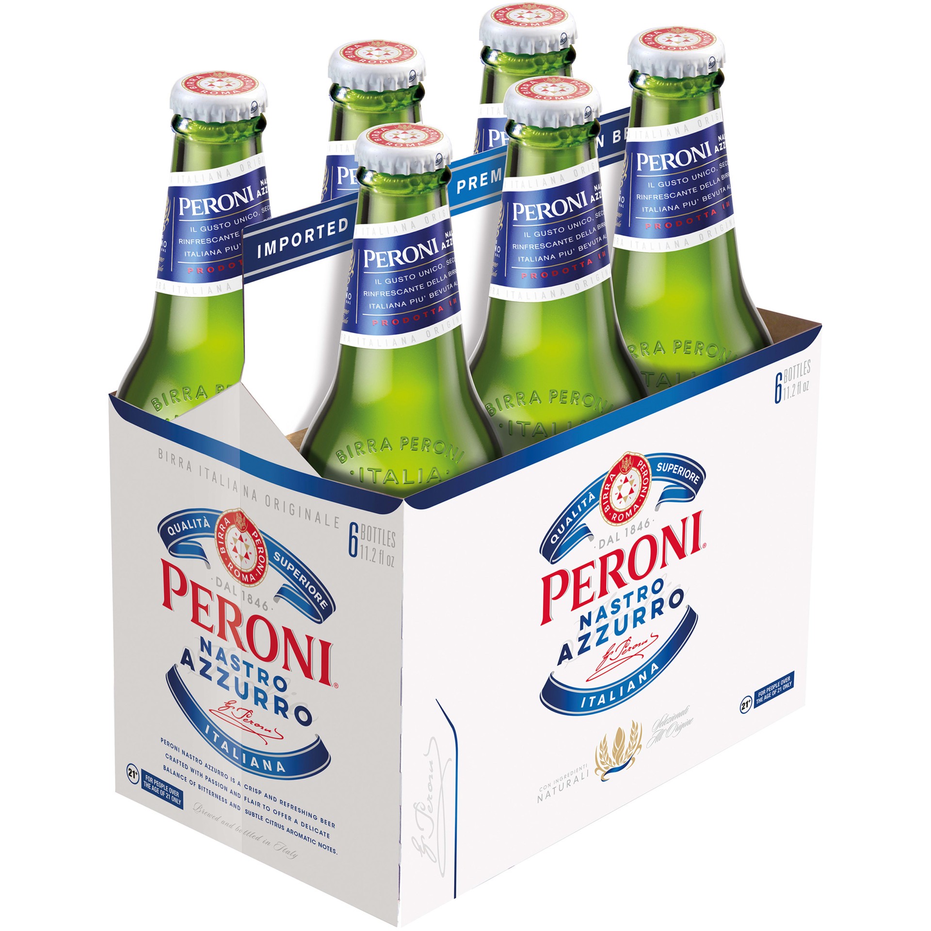 slide 2 of 3, Peroni Nastro Azzurro Lager Beer, Import Lager Beer, 6-pack, 11.2ML beer bottles, 5% ABV, 6 ct; 12 fl oz
