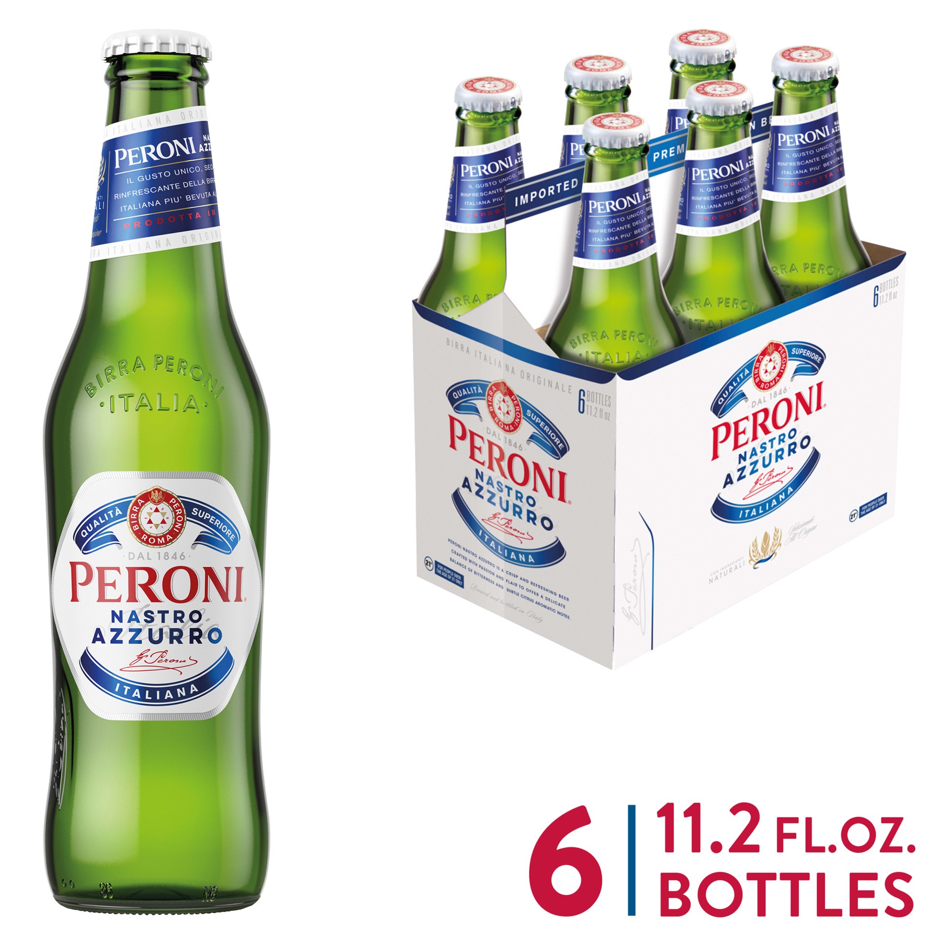 slide 1 of 3, Peroni Nastro Azzurro Lager Beer, Import Lager Beer, 6-pack, 11.2ML beer bottles, 5% ABV, 6 ct; 12 fl oz