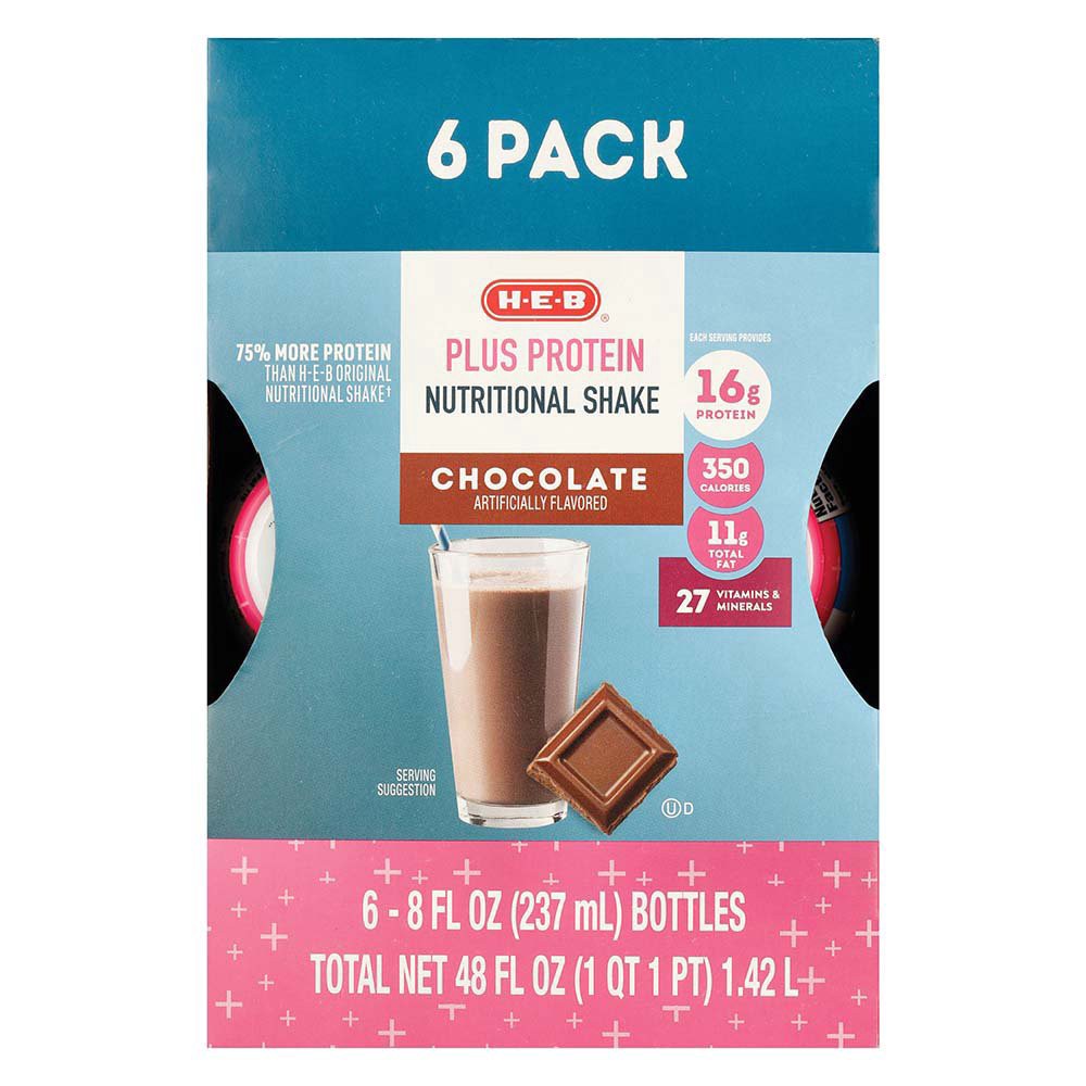 slide 1 of 1, H-E-B Plus Protein Nutritional Shakes 6 pk Bottles - Chocolate, 16 ct
