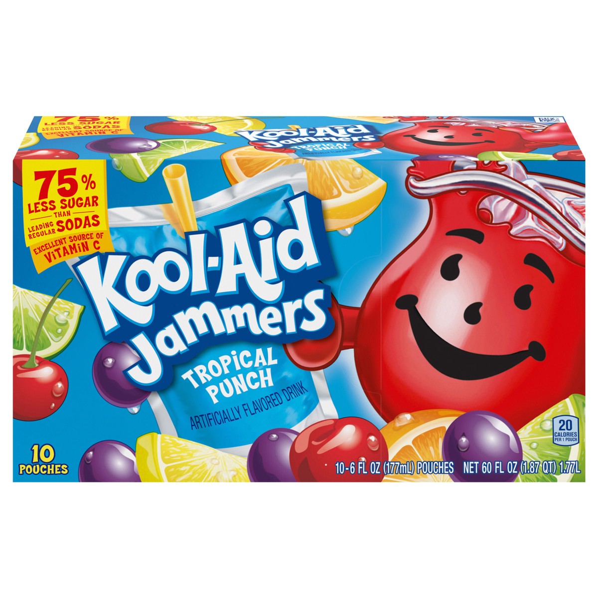 slide 1 of 9, Kool-Aid Jammers Tropical Punch Flavored Drink, 10 ct Box, 6 fl oz Pouches, 10 ct
