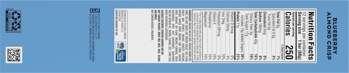 slide 8 of 9, CLIF BAR - Blueberry Almond Crisp - Made with Organic Oats - 11g Protein - Non-GMO - Plant Based - Energy Bars - 2.4 oz. (12 Count), 28.8 oz