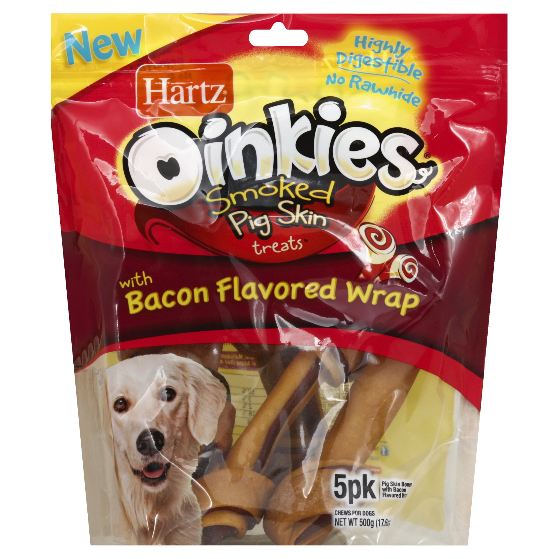 slide 1 of 1, Hartz Oinkies Smoked Pig Skin Bacon Flavored Wraps, 5 ct