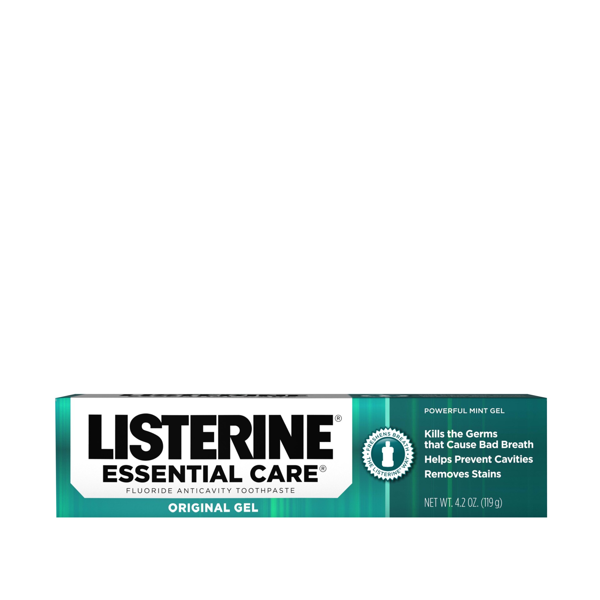 slide 1 of 9, Listerine Essential Care Original Gel Fluoride Toothpaste, Oral Care Toothpaste Prevents Bad Breath and Dental Cavities, Powerful Mint Flavor for Fresh Oral Hygiene, 4.2 oz, 4.2 oz