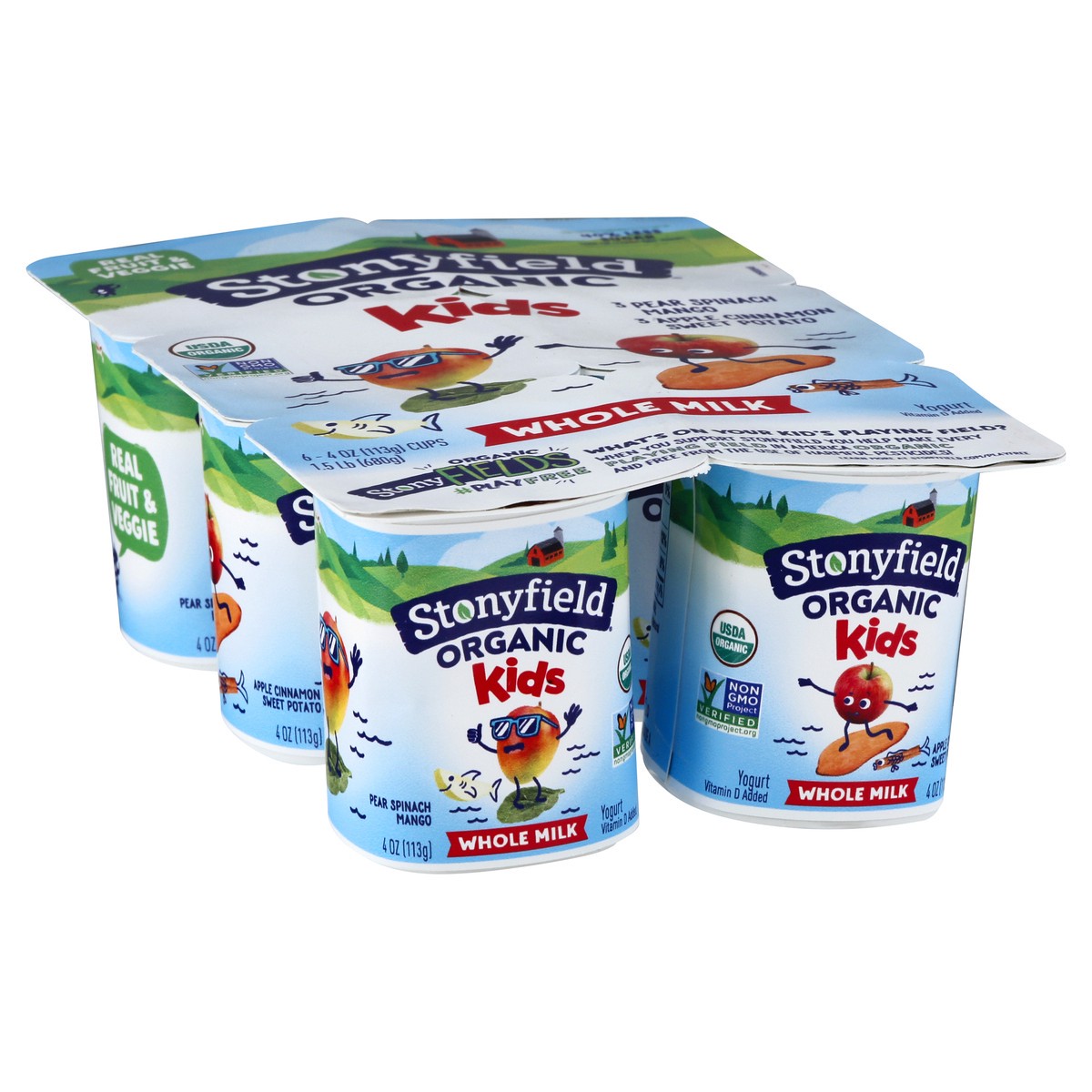 slide 2 of 10, Stonyfield Organic Kids Pear Spinach Mango & Apple Cinnamon Sweet Potato Whole Milk Yogurt Variety Pack 6-4 Oz. Cups, 1.5 lb