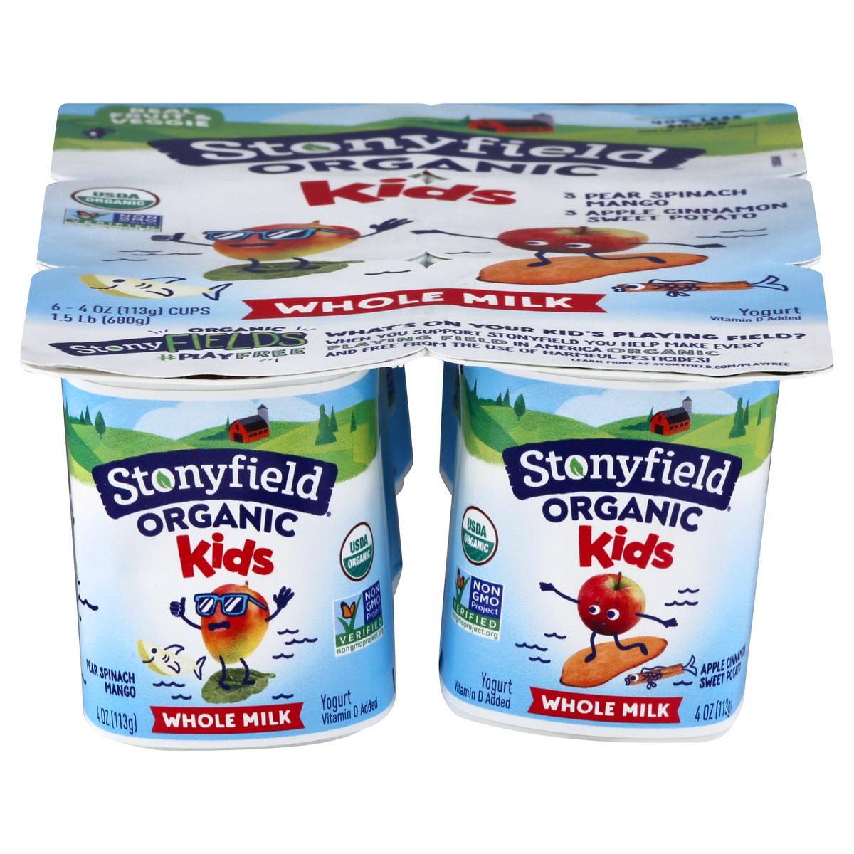 slide 1 of 10, Stonyfield Organic Kids Pear Spinach Mango & Apple Cinnamon Sweet Potato Whole Milk Yogurt Variety Pack 6-4 Oz. Cups, 1.5 lb